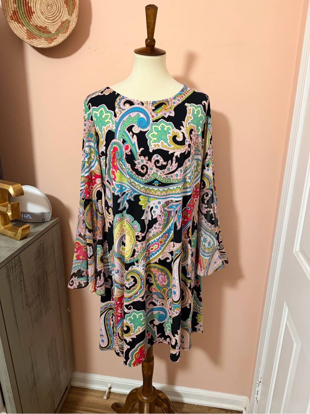 MSK Black Paisley Multicolor Dress— Open Bell Sleeves Sz 1X